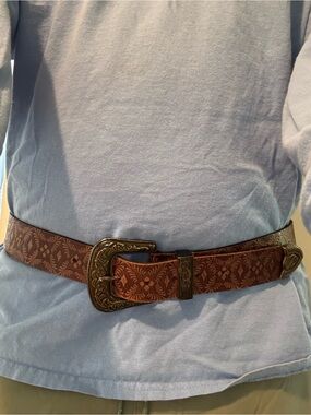 Free People Brown Tooled Western Belt with Engraved Buckle